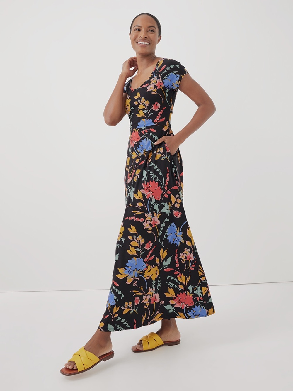 Pact Fit & Flare Crossback Maxi Dress in Nightfall Blooms